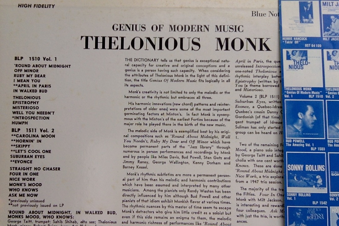 Thelonious Monk Genius of Modern Music vol 1 Blue Note 1510 back